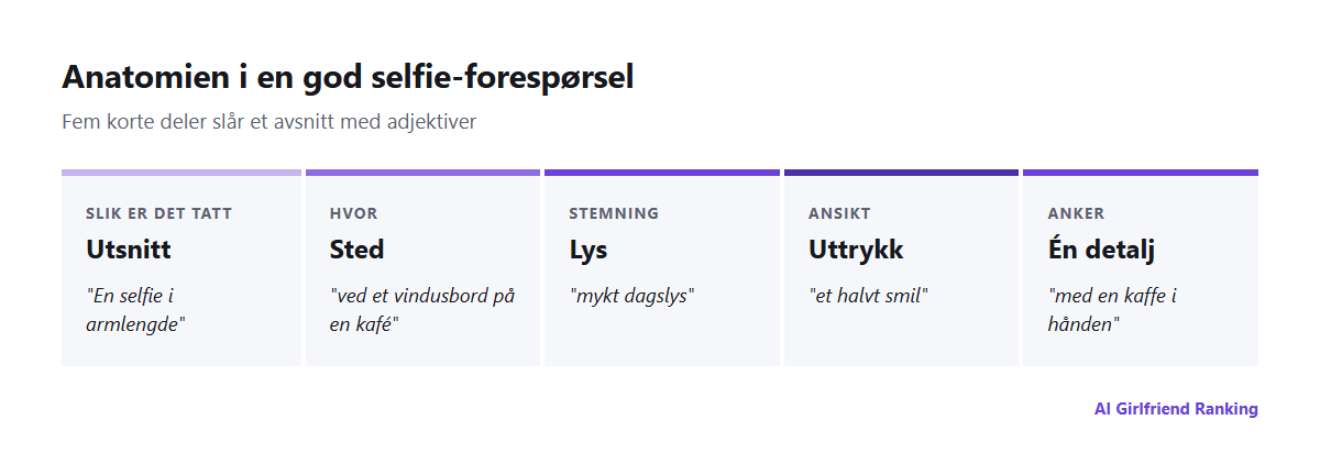 Anatomien i en AI-selfie-forespørsel: utsnitt, sted, lys, uttrykk og én detalj, med et eksempel for hver