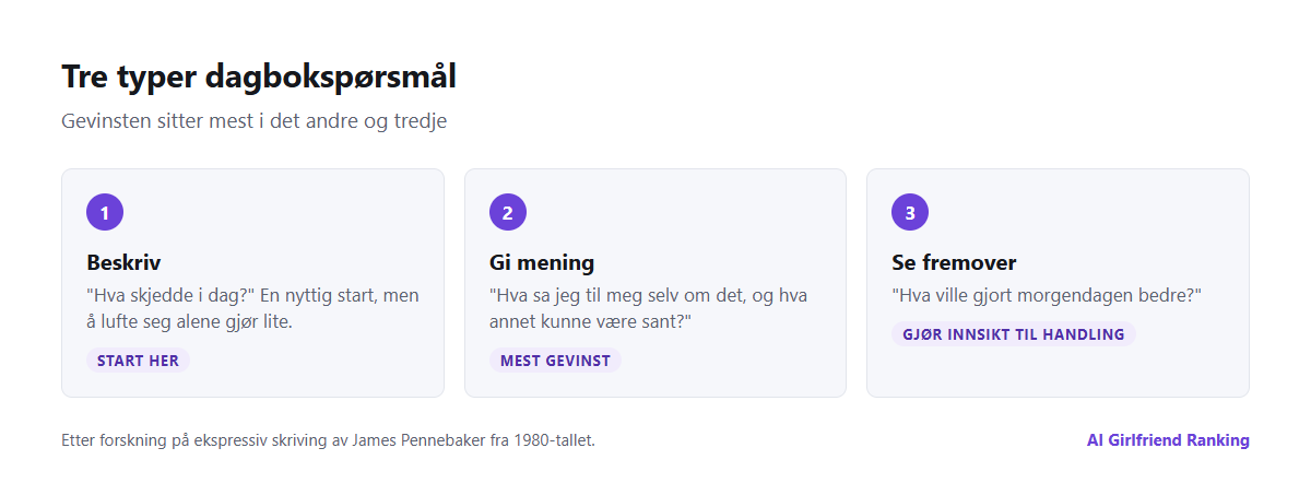 Tre typer dagbokspørsmål til en AI-følgesvenn: spørsmål som beskriver, spørsmål som gir mening til hendelser og spørsmål som ser fremover, med ett eksempel på hver
