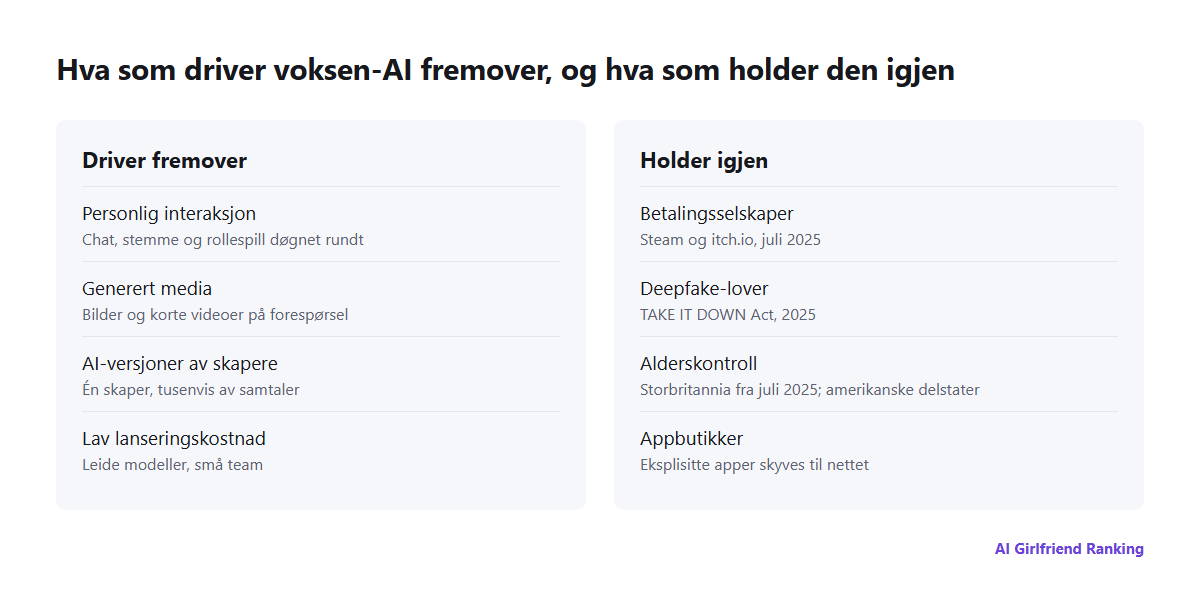 Krefter som former AI i voksenbransjen: personalisering, generert media og AI-kloner driver den fremover; betalingsselskaper, deepfake-lover, alderskontroll og appbutikker holder igjen