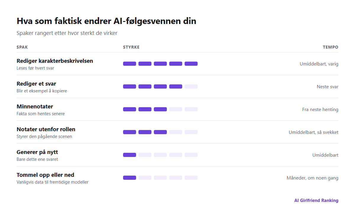 Spakene for å forme en AI-følgesvenn, rangert etter hvor raskt og sterkt de virker: redigere karakteren, redigere svar, minnenotater, generere på nytt, notater utenfor rollen og vurderinger