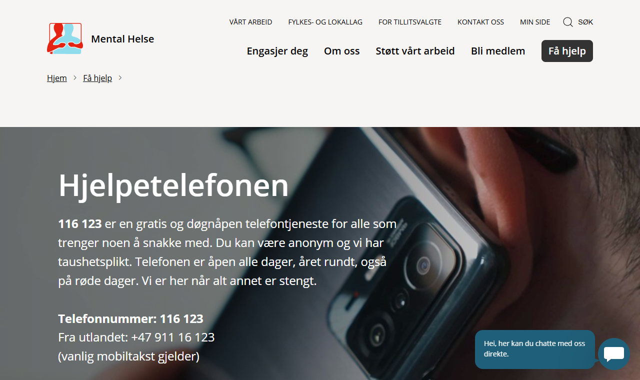 Mental Helses nettside om Hjelpetelefonen