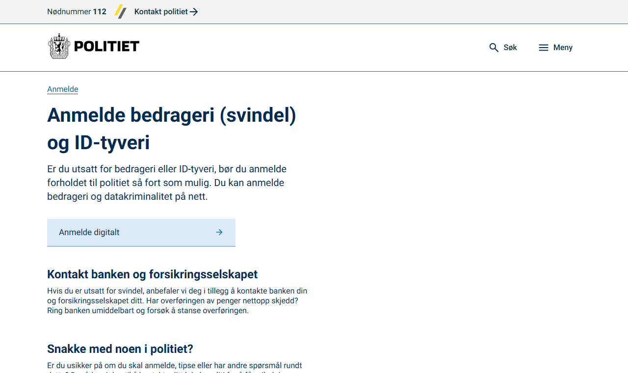 Politiets nettside for digital anmeldelse av bedrageri og datakriminalitet i Norge