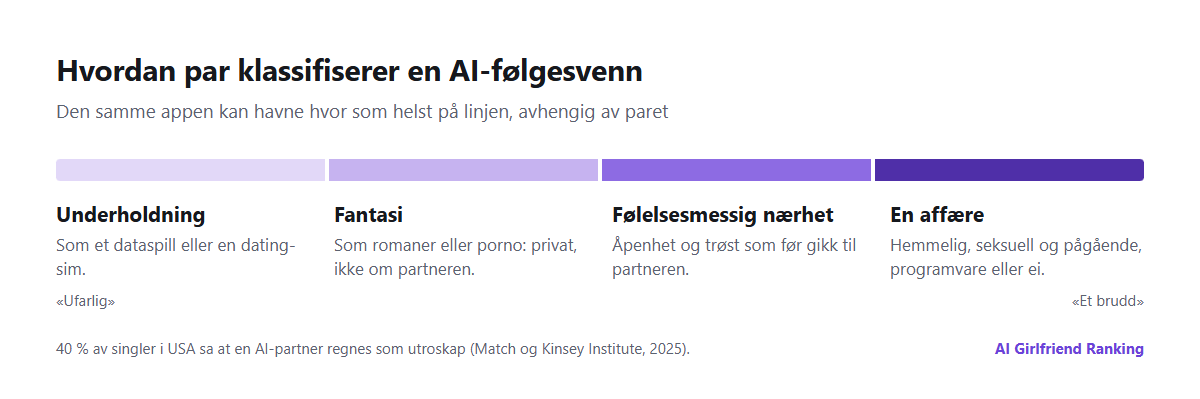 Et spekter for hvordan par klassifiserer en AI-følgesvenn, fra underholdning som et dataspill, via fantasi som porno eller kjærlighetsromaner, til følelsesmessig nærhet, til en affære