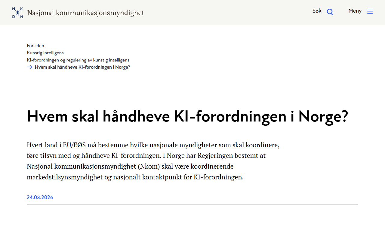 Nkoms side om hvem som håndhever KI-reglene i Norge