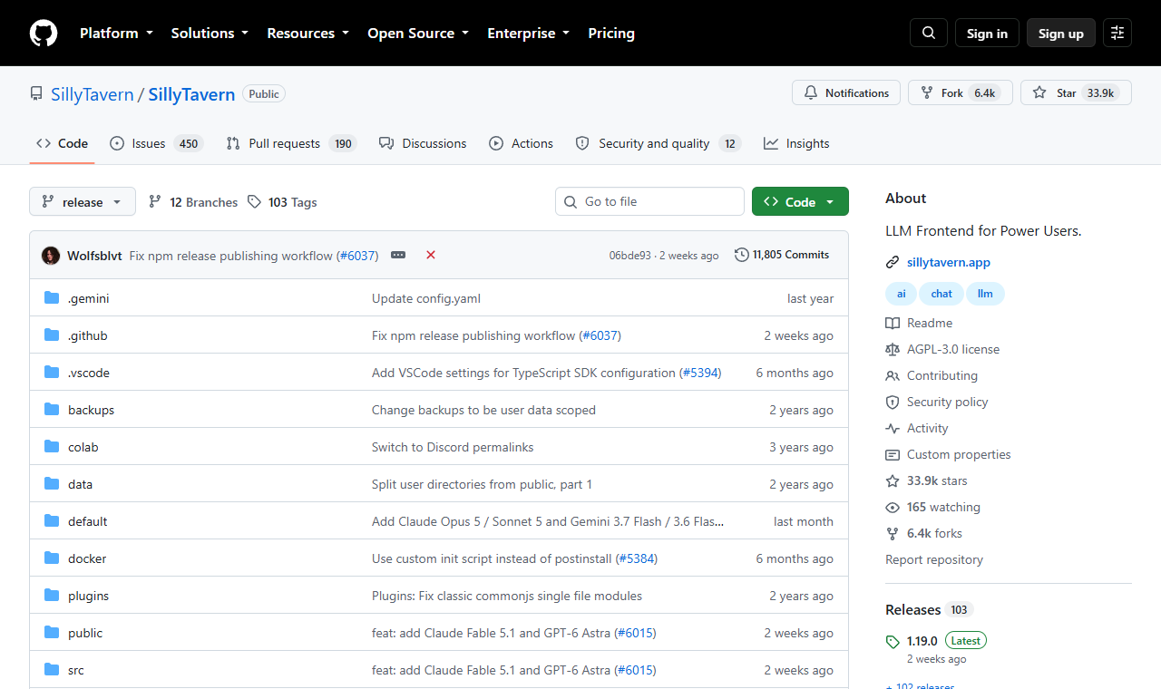 SillyTaverns prosjektside på GitHub