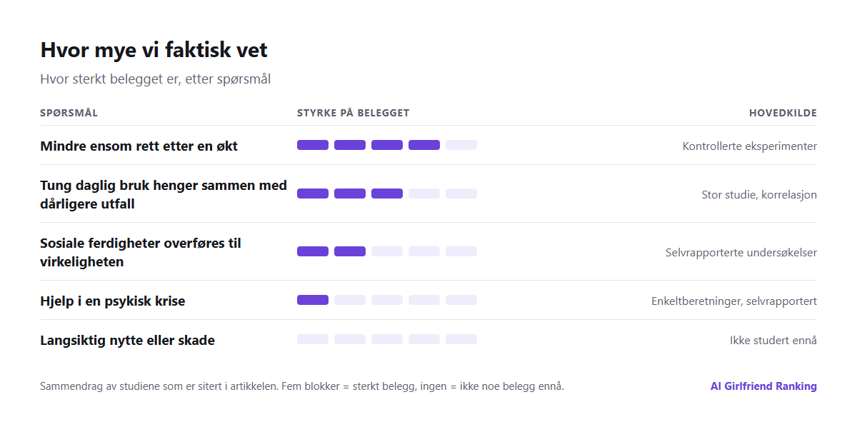 Diagram som oppsummerer belegget: sterkt belegg for kortsiktig lindring av ensomhet, moderat belegg for at tung bruk henger sammen med dårligere utfall, svakt belegg for langsiktig nytte eller skade
